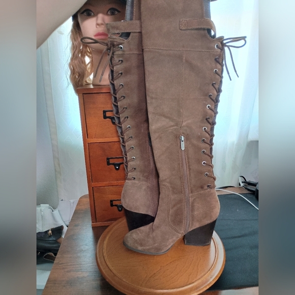 SAM EDELMAN TATUM TAUPE OVER THE KNEE BOOTS WITH TIE UP BACK DETAIL - Picture 4 of 5